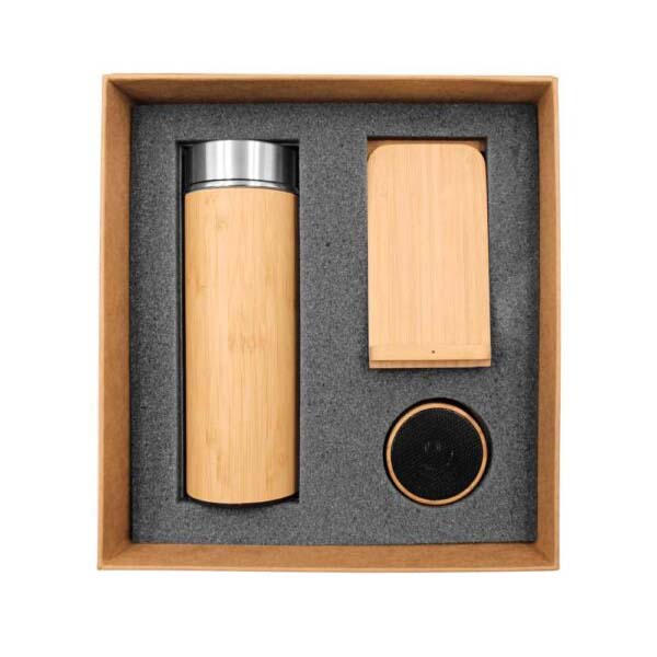 3in1 gifts set GS 31 08 main Bamboo Gift Set with Flask, Wireless Charger & Bluetooth Speakers