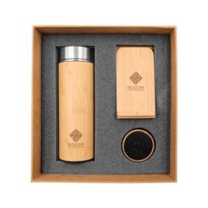 Bamboo Gift Set with Flask, Wireless Charger & Bluetooth Speakers