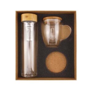 Eco-Friendly Gift Set with Glass Flask, Cup & Cork Coasters