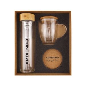 Eco-Friendly Gift Set with Glass Flask, Cup & Cork Coasters