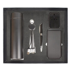 A5 Notebook Black, Metal Twist Ball Pen, Leather USB Flash Drive & Wireless Charging Power Bank Gift Set