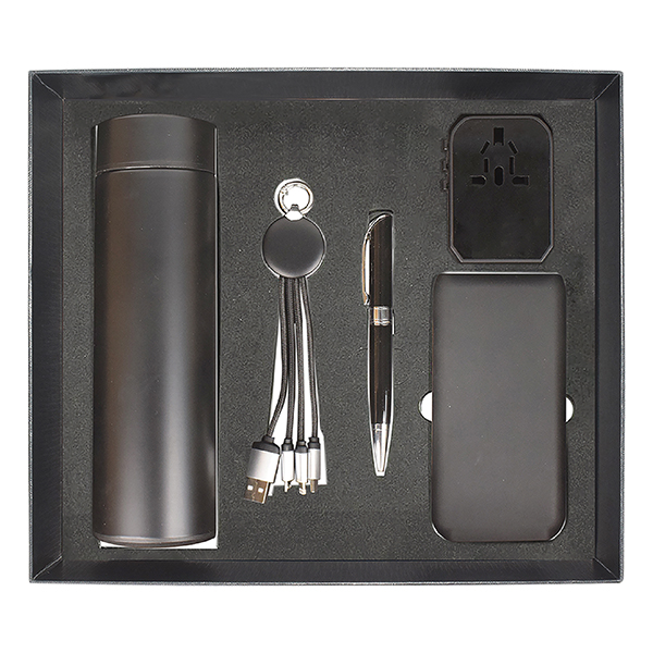 a5 notebook black metal twist ball charging power bank gift set GS 51 15 1 A5 Notebook Black, Metal Twist Ball Pen, Leather USB Flash Drive & Wireless Charging Power Bank Gift Set