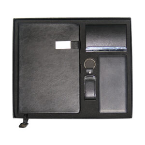 A5 Notebook, Business Card Holder, Leather & Metal USB Flash Drive & Slim Cable Powerbank Gift Set