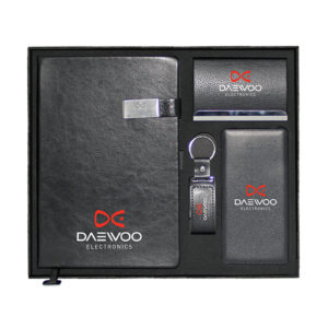 A5 Notebook, Business Card Holder, Leather & Metal USB Flash Drive & Slim Cable Powerbank Gift Set