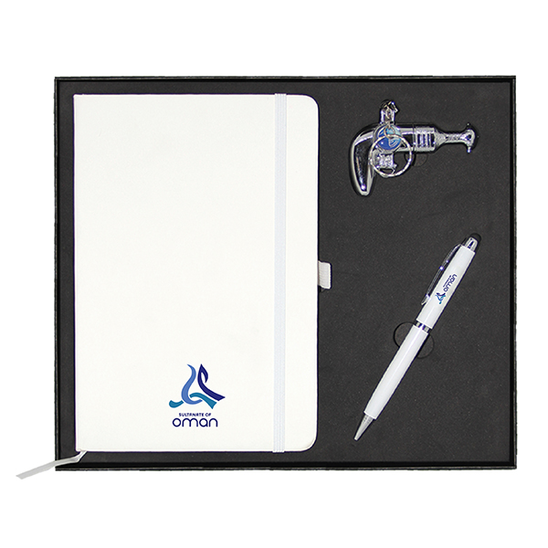 a5 notebook business card holder metal and usb gift set GS 31 31 2 A5 Size PU Notebook White, Metal Ball Pen with Stylus & Omani Khanjar USB Drive - Image 2