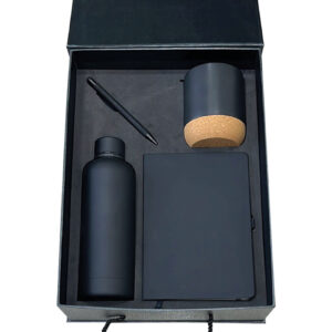 A5 Notebook, Ceramic Mug with Cork Bottom, Stainless Steel Water Bottle with Handle & Aluminium Pen with Stylus Gift Set