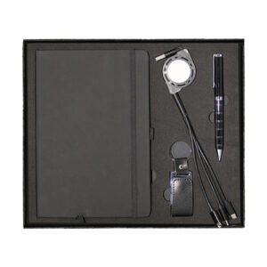 A5 Notebook, Flexible 3-in-1 USB Charging Cable, Leather & Metal USB Flash Drive & Metal Twist Ball Pen Gift Set