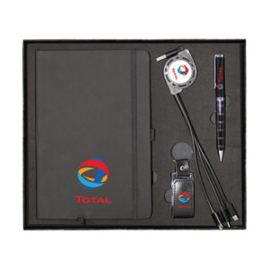 A5 Notebook, Flexible 3-in-1 USB Charging Cable, Leather & Metal USB Flash Drive & Metal Twist Ball Pen Gift Set