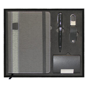 A5 Notebook Grey, Business Card Holder, Metal Ball Pen Twist & Leather Metal USB Flash Drive Gift Set