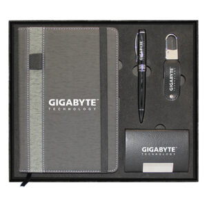 A5 Notebook Grey, Business Card Holder, Metal Ball Pen Twist & Leather Metal USB Flash Drive Gift Set