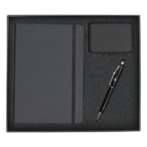 A5 Notebook, Metal Ball Pen with Stylus & Mini Light-Up Logo Power Bank Gift Set