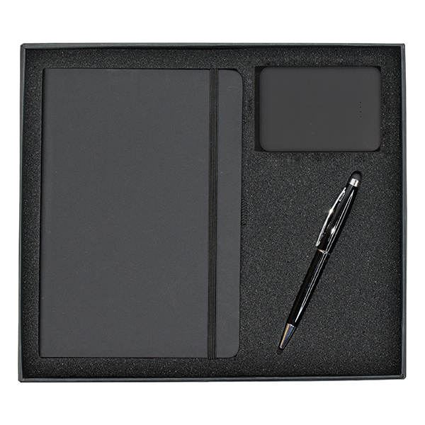 a5 notebook metal ball pen stylus mini light up logo power bank gift set GS 31 22 1 A5 Notebook, Metal Ball Pen with Stylus & Mini Light-Up Logo Power Bank Gift Set