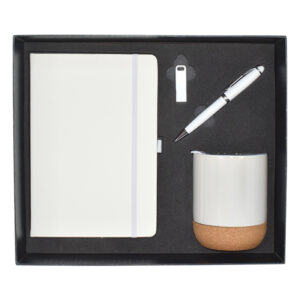 A5 Notebook, Metal Ball Pen Twist, Leather USB Flash Drive & Ceramic Mug with Cork Bottom Gift Set