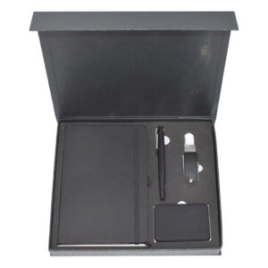 A5 Notebook, Metal Pen, Leather USB Flash Drive & Mini Light-Up Logo Power Bank Gift Set