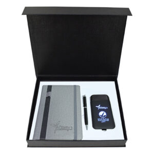 A5 Notebook, Metal Pen, Ultra Slim Wireless Mouse & Mini Light-Up Logo Power Bank Gift Set