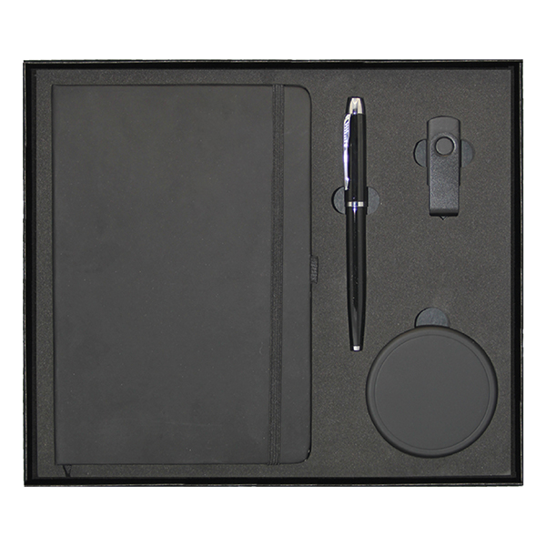 a5 pu notebook black fast pen metal usb flash drive gift set GS 41 31 1 A5 PU Notebook Black, Fast Wireless Charging Technology, Metal Ball Pen & Metal USB Flash Drive Gift Set