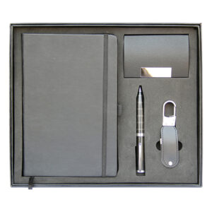 A5 PU Notebook Black, Leather & Metal USB Flash Drive, Business Card Holder & Metal Ball Pen Twist Gift Set