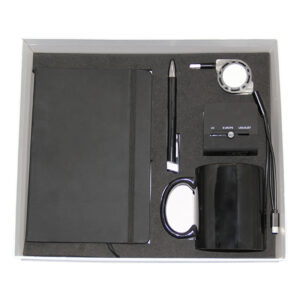 A5 PU Notebook Black, Plastic Pen with Stylus, Coffee Mug, Flexible 3-in-1 USB Charging Cable & Universal Travel Adapter Gift Set