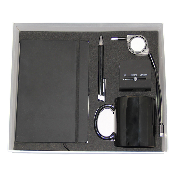 a5 pu notebook black plastic pen stylus coffee adapter gift set GS 51 19 1 A5 PU Notebook Black, Plastic Pen with Stylus, Coffee Mug, Flexible 3-in-1 USB Charging Cable & Universal Travel Adapter Gift Set