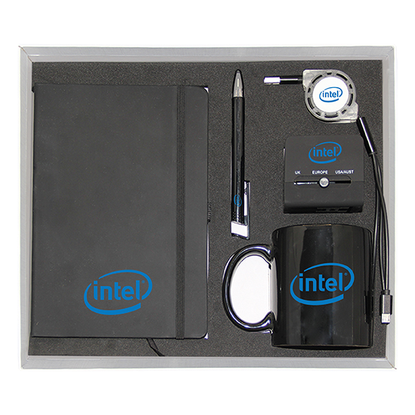 a5 pu notebook black plastic pen stylus coffee adapter gift set GS 51 19 2 A5 PU Notebook Black, Plastic Pen with Stylus, Coffee Mug, Flexible 3-in-1 USB Charging Cable & Universal Travel Adapter Gift Set - Image 2