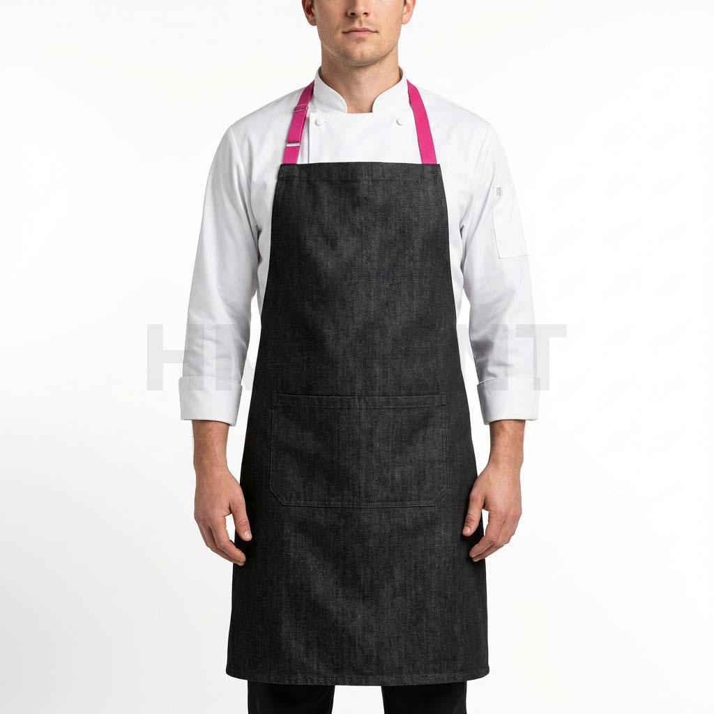 apfl 05 black denim bib apron with pink neck strap and front pocket Black Denim Bib Apron with Pink Neck Strap & Front Pocket
