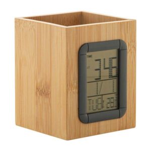 Bamboo Pen Holder With Lcd Digital Clock