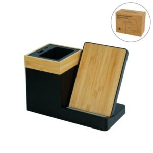 Bamboo Pen Holder with 15W Wireless Charger & LED Logo