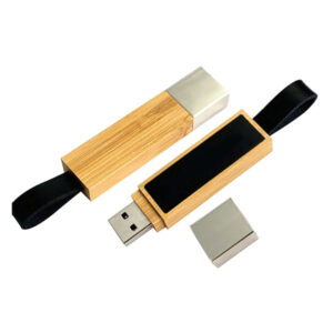 Bamboo Rectangular Light-up USB Flash Drive with Leather Strap