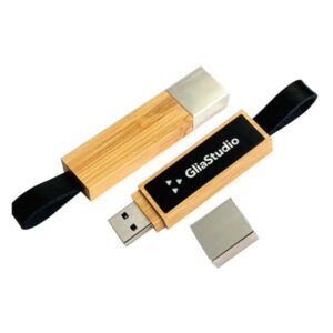 Bamboo Rectangular Light-up USB Flash Drive with Leather Strap