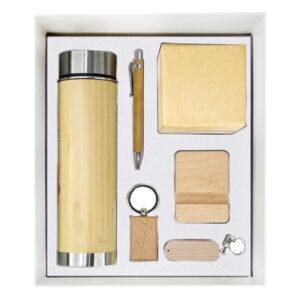 Bamboo Temperature LED Bottle, Wooden Swivel USB Flash Drive, Wooden Pen, Wooden Keychain, Wooden Mobile Stand & Eco Cube Box Gift Set