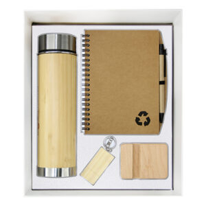 Bamboo Temperature LED Bottle, Wooden USB Flash Drive, Wooden Mobile Stand & Eco-Friendly Notebook Gift Set
