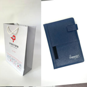 branded paper bag diary notebook dubai Paper bags + premium diaries / notebook with logo branding