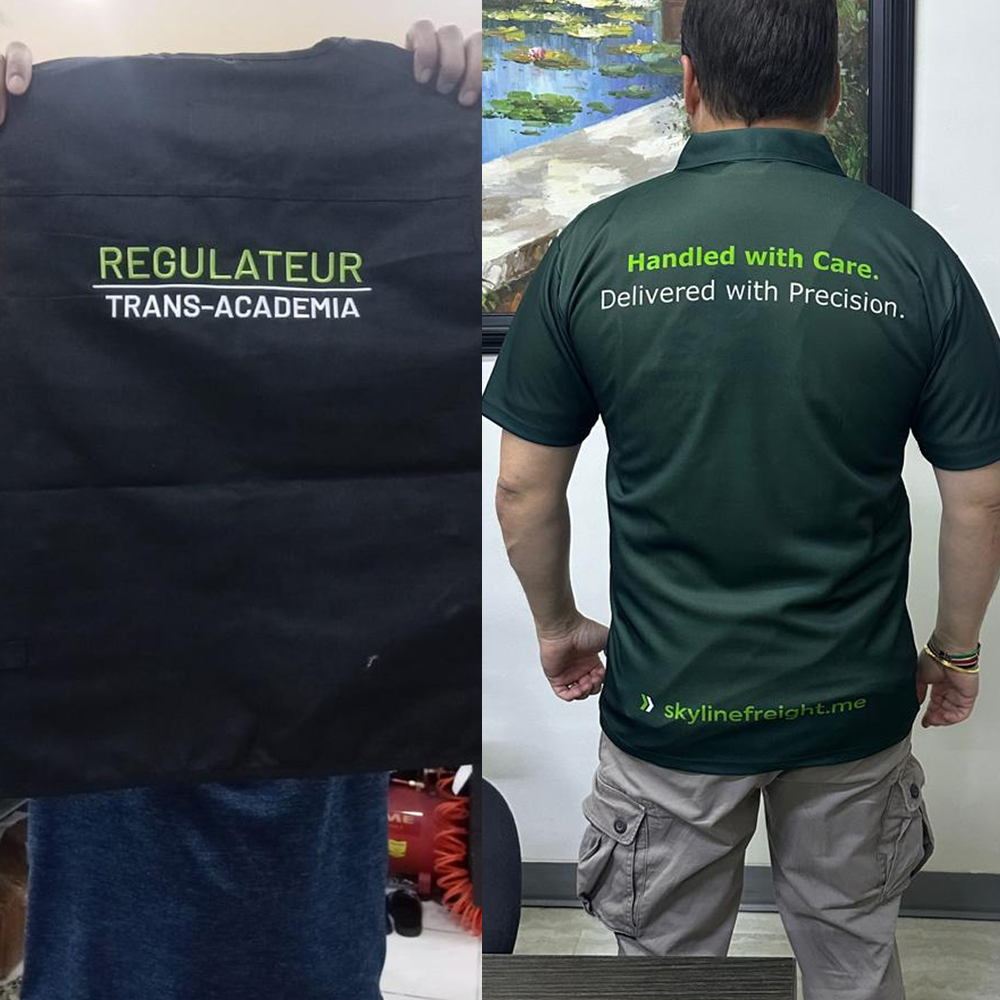 Branded uniform t-shirt and jacket with printed logo and text
