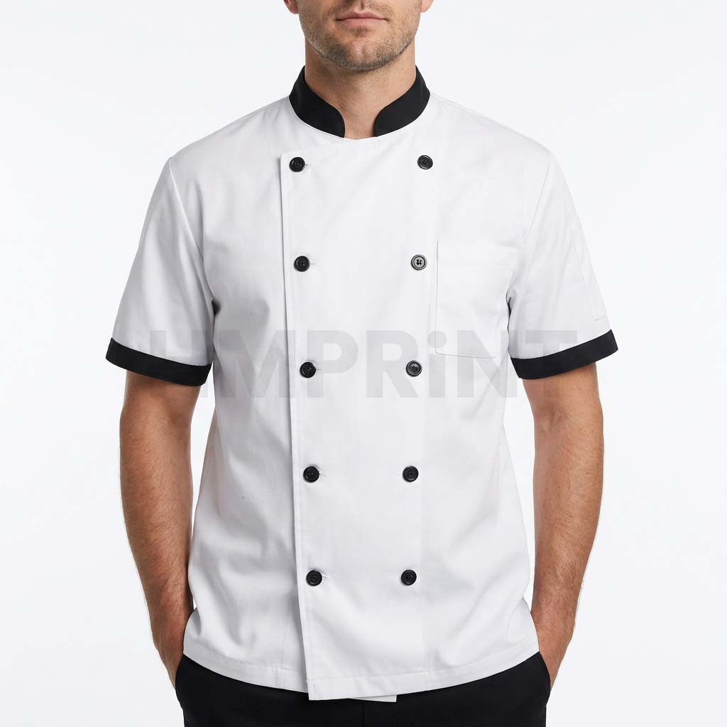 cchs 01 white chef coat with black collar black buttons front White Chef Coat with Black Collar Black Buttons Short Sleeves and Chest Pocket