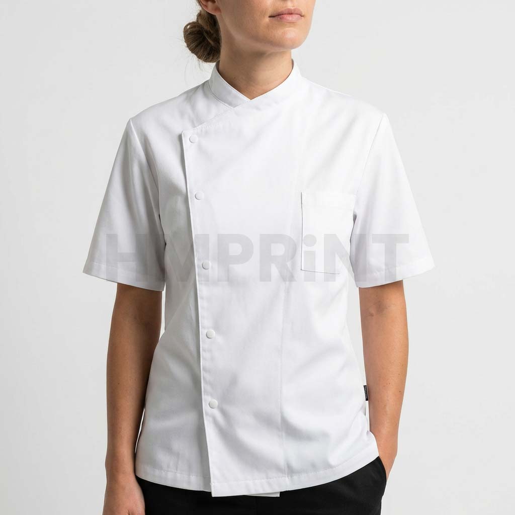 cchs 04 white chef coat with side buttons front White Chef Coat with Side Buttons Short Sleeves and Chest Pocket