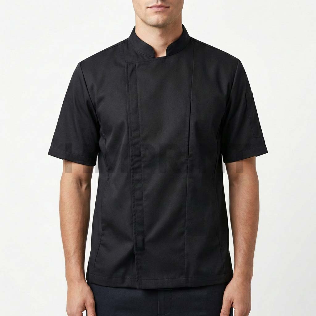 cchs 07 black chef coat with hidden front stand collar front Black Chef Coat with Hidden Front Stand Collar and Short Sleeves