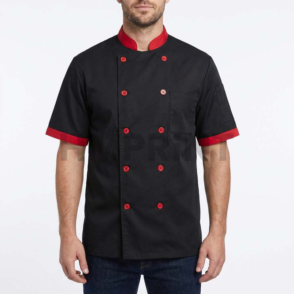 cchs 08 black chef coat with red collar red buttons front Black Chef Coat with Red Collar Red Buttons Short Sleeves and Chest Pocket