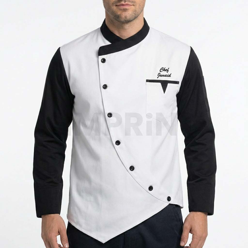 ccls 01 two tone chef coat in white and black front Two Tone Chef Coat in White and Black with Side Buttons Long Sleeves and Chest Pocket