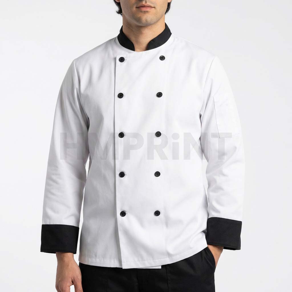ccls 03 white chef coat with black collar front White Chef Coat with Black Collar Black Cuffs Black Buttons and Long Sleeves