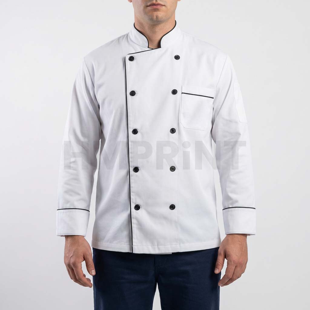 ccls 07 white chef coat with black trim black buttons front White Chef Coat with Black Trim Black Buttons Stand Collar and Long Sleeves