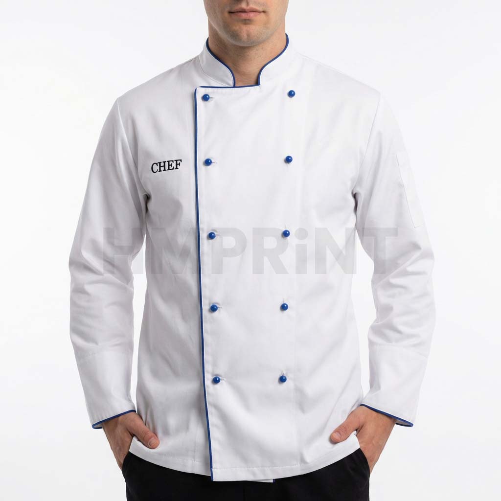 ccls 11 white chef coat with blue trim blue buttons front White Chef Coat with Blue Trim Blue Buttons Stand Collar and Long Sleeves