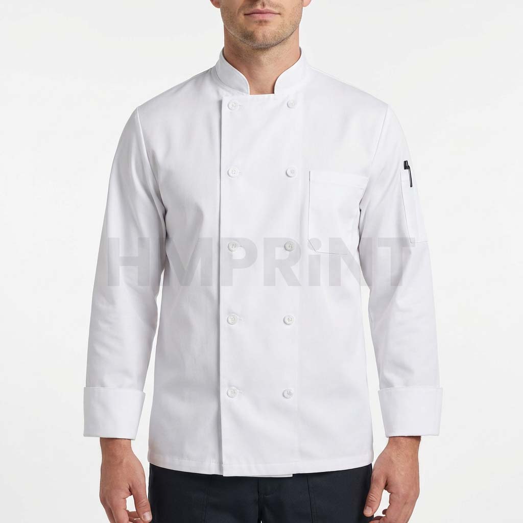 ccls 14 white chef coat with front buttons stand collar front White Chef Coat with Front Buttons Stand Collar Long Sleeves Chest Pocket and Sleeve Pocket