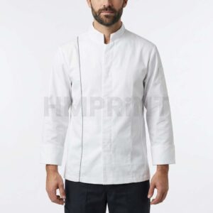 White Chef Coat with Hidden Front, Stand Collar, Long Sleeves and Sleeve Pocket