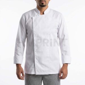 White Chef Coat with Hidden Front Stand Collar Long Sleeves and Turn Up Cuffs