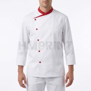 White Chef Coat with Red Collar Red Buttons Long Sleeves and Pocket