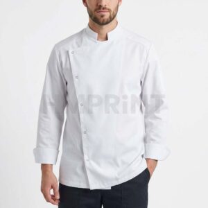 White Chef Coat with Side Snap Buttons Stand Collar and Long Sleeves