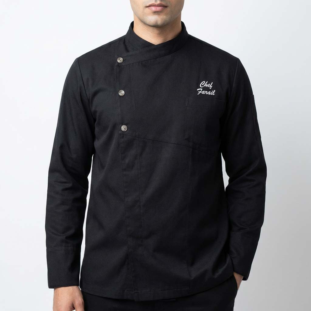 ccls 23 black chef coat with side metal buttons front Black Chef Coat with Side Metal Buttons Stand Collar and Long Sleeves