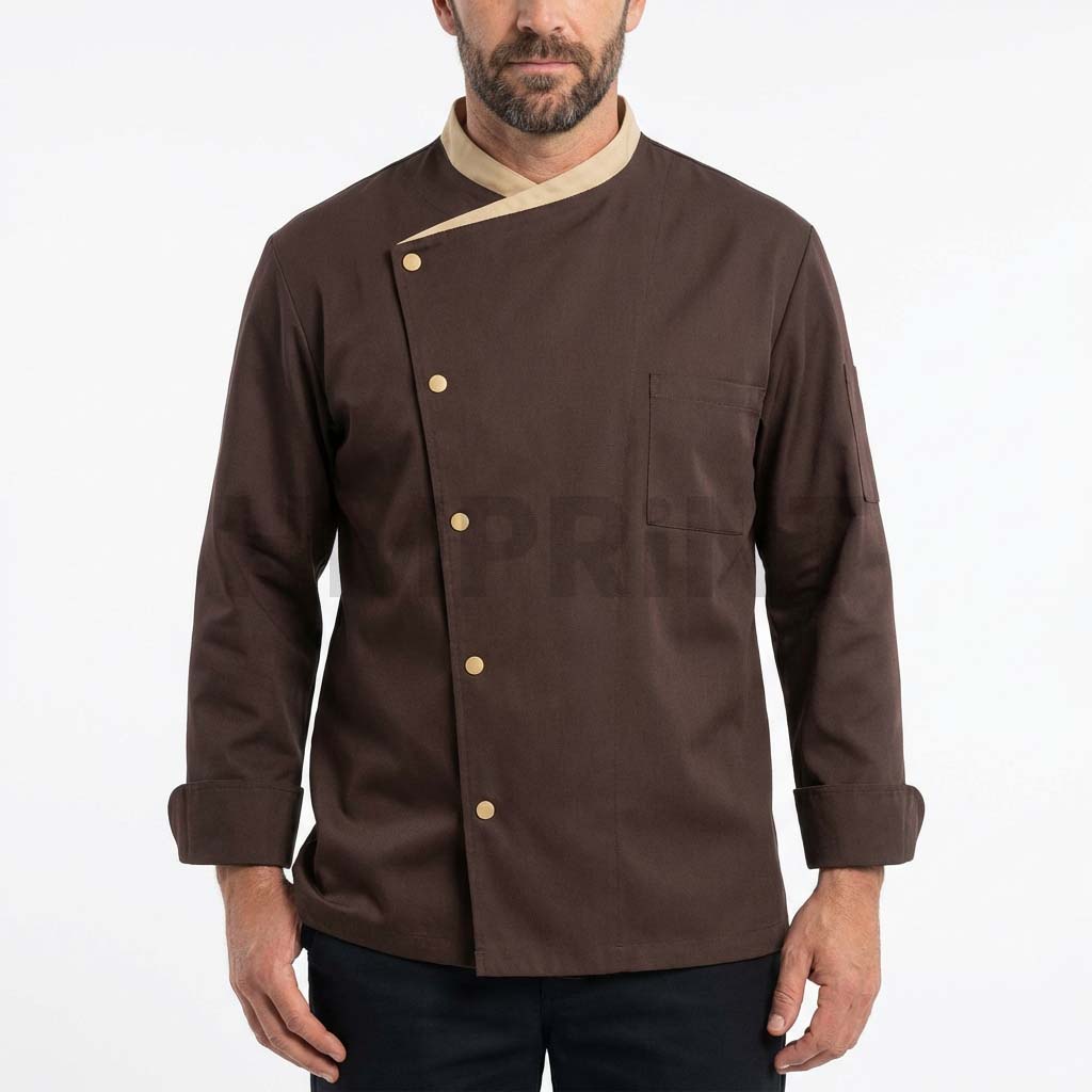 ccls 24 brown chef coat with beige collar side front Brown Chef Coat with Beige Collar Side Buttons Long Sleeves and Chest Pocket