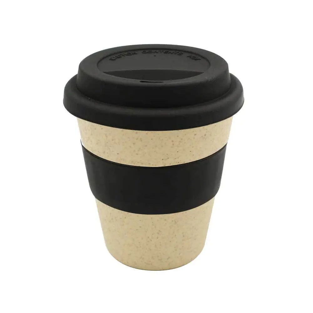 cupio wheat straw sip lid cup with silicone lid band black 1 TUMVIA - Plant Based PLA & Wheat Straw Travel Cup with Bamboo Lid & Cork Grip (420ml)