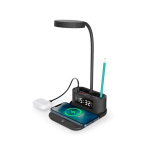 Desk Lamp with 15W Wireless Charger, Clock and Pen Holder